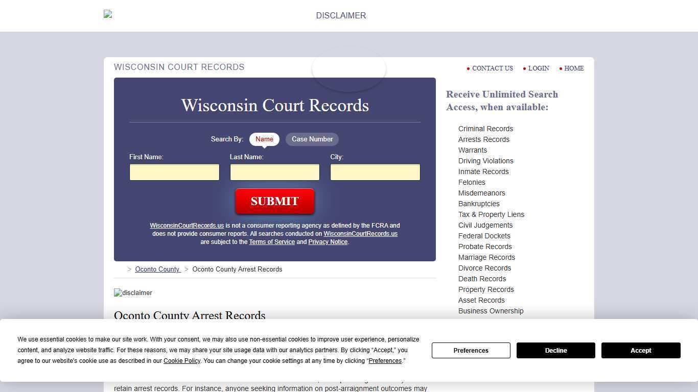 Oconto County Arrest Records | WisconsinCourtRecords.us